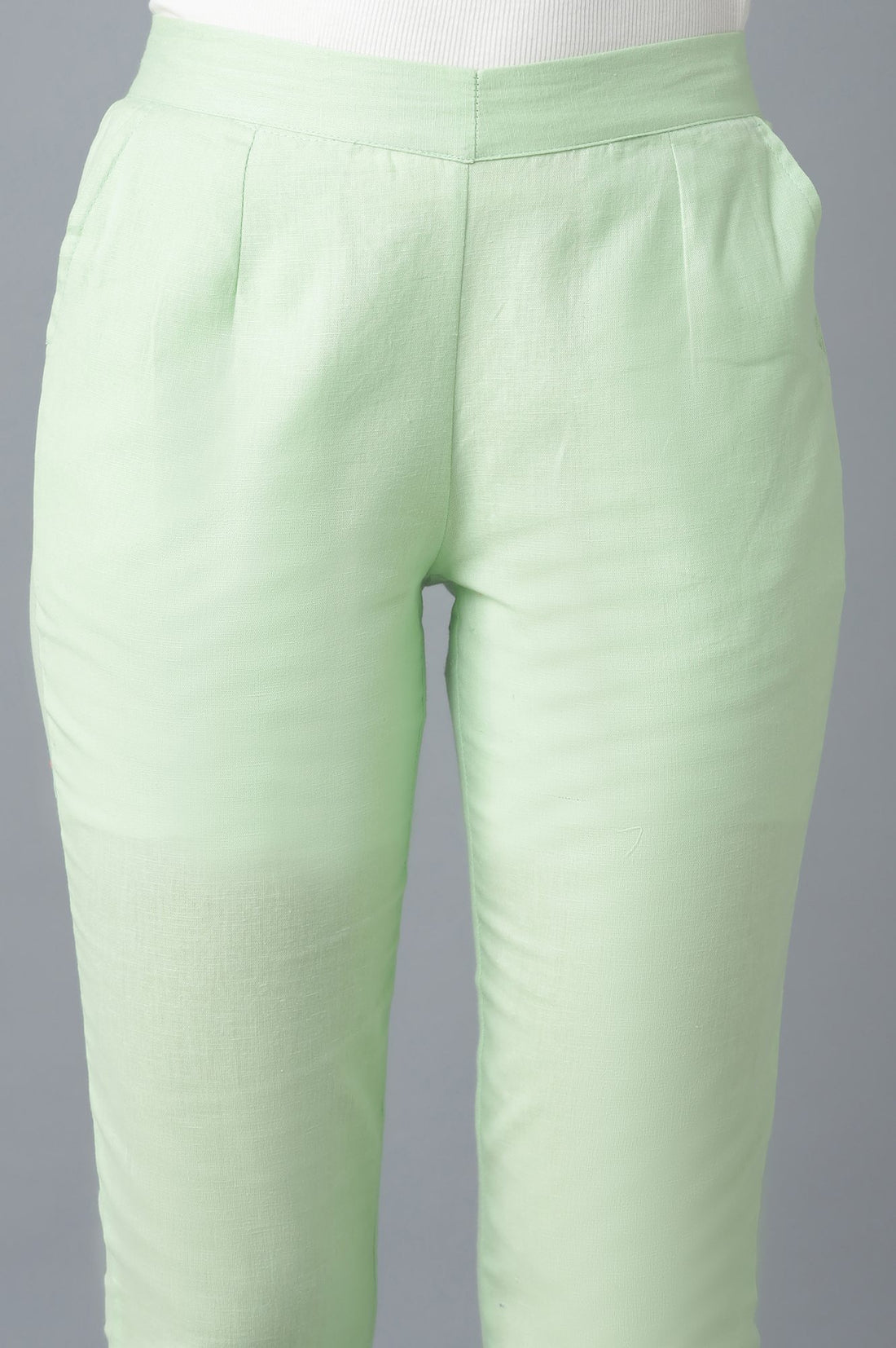 Light Green Solid Straight Fit Cotton Trousers With Elasticated Waist