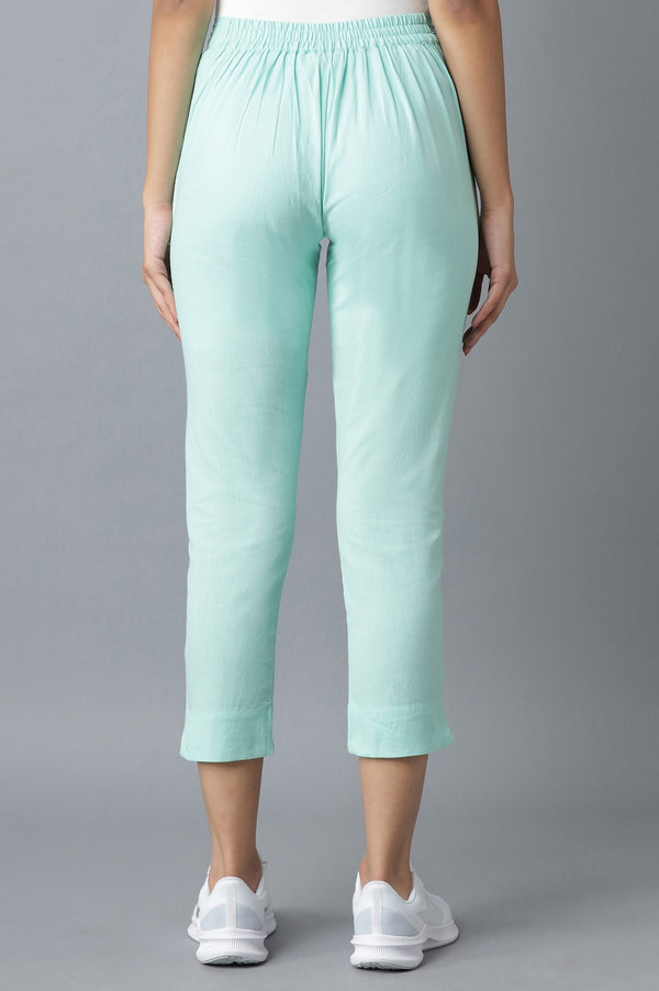 Light Blue Solid Straight Fit Cotton Trousers With Elasticated Waistband