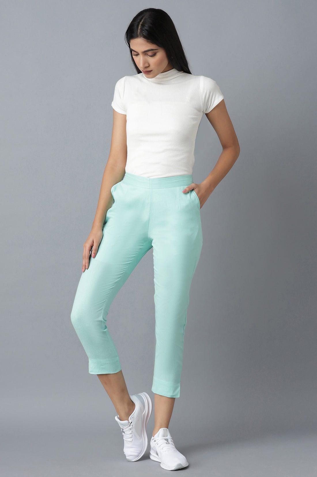 Light Blue Solid Straight Fit Cotton Trousers With Elasticated Waistband
