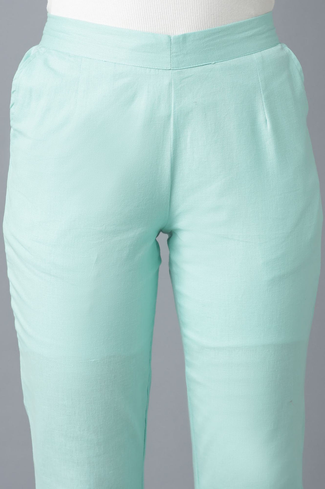 Light Blue Solid Straight Fit Cotton Trousers With Elasticated Waistband