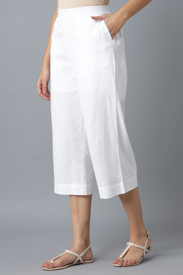 White Solid Wide Leg Cotton Palazzo With Roll Up Hem