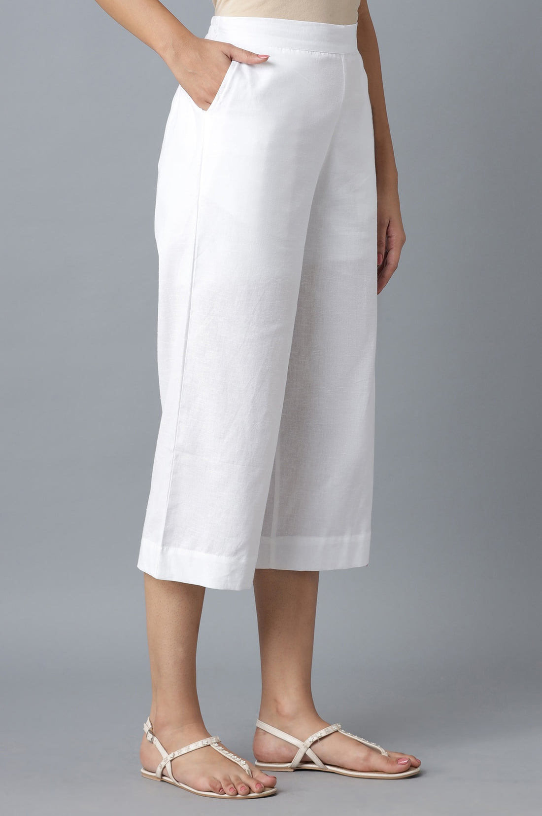 White Solid Wide Leg Cotton Palazzo With Elasticated Waist