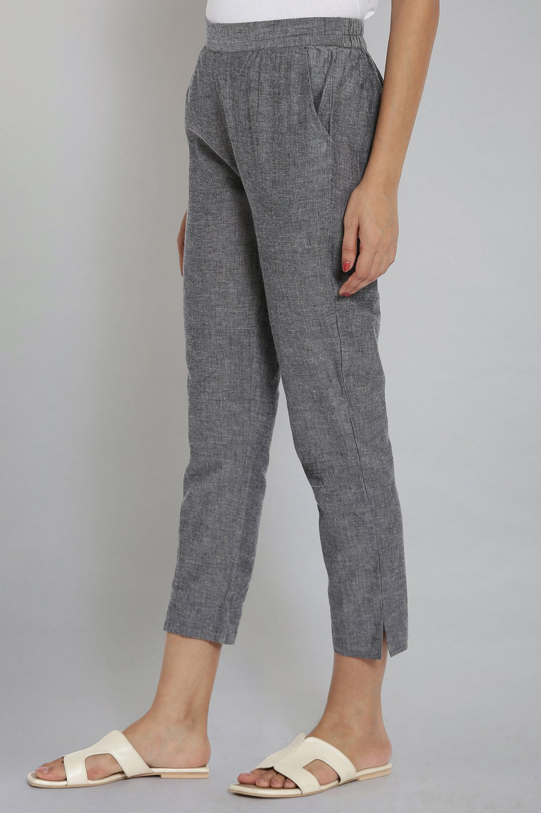 Grey Solid Straight Fit Cotton Trousers With Elasticated Waistband