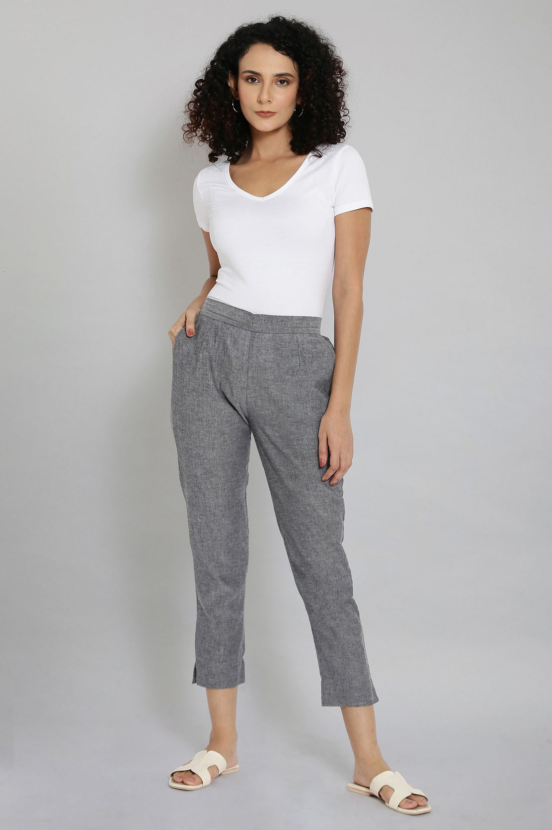 Grey Solid Straight Fit Cotton Trousers With Elasticated Waistband