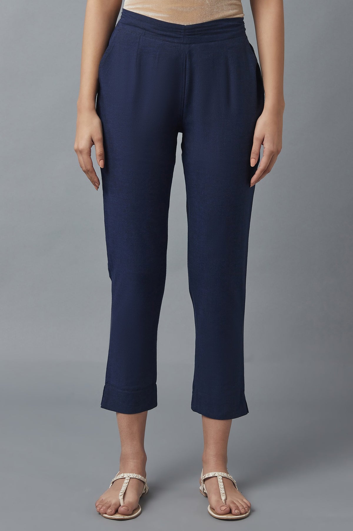 Elleven Women's Navy Blue Solid Straight Fit Cotton Pants With Elasticated Waistband - S