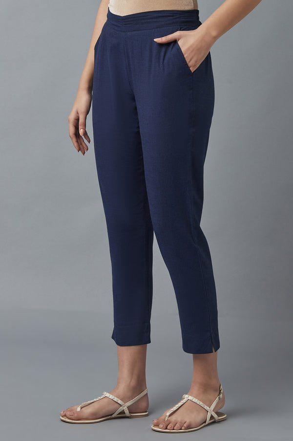 Navy Blue Solid Straight Fit Cotton Pants With Elasticated Waistband