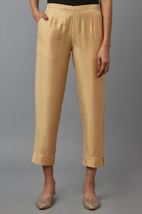 Elleven Women's Gold Solid Straight Fit Calf Length Mid Rise Trousers
