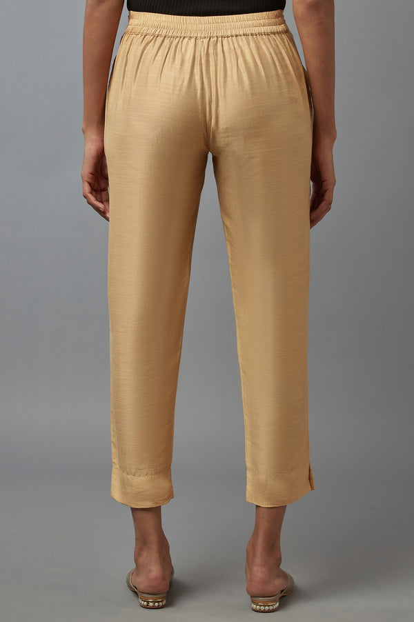 Elleven Women's Gold Solid Straight Fit Calf Length Mid Rise Trousers