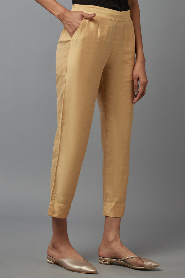 Elleven Women's Gold Solid Straight Fit Calf Length Mid Rise Trousers