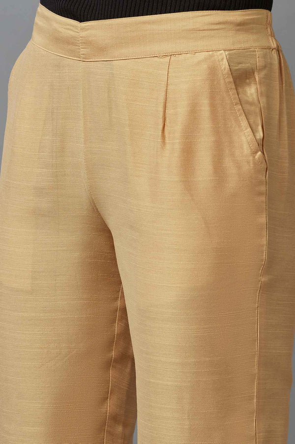 Elleven Women's Gold Solid Straight Fit Calf Length Mid Rise Trousers