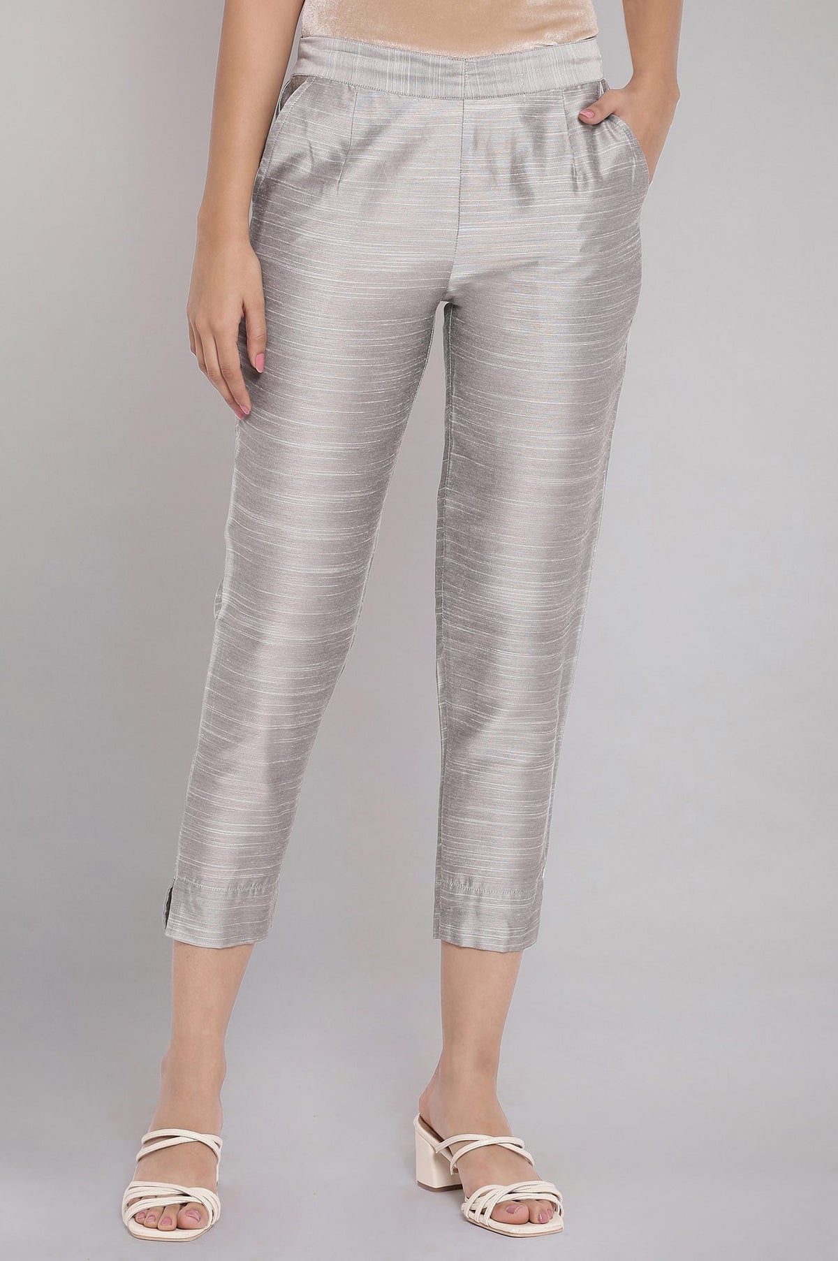 Elleven Women's Grey Solid Straight Fit Woven Pants With Elasticated Waist - S