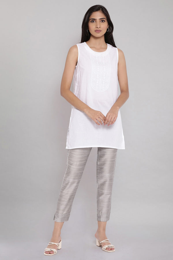 Grey Solid Straight Fit Woven Pants With Elasticated Waist