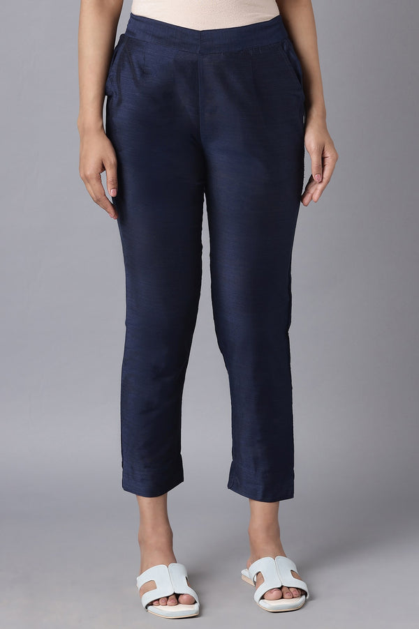 Navy Blue Solid Straight Fit Woven Trousers With Elasticated Waistband