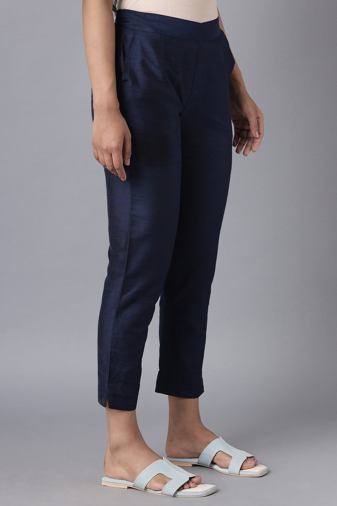 Navy Blue Solid Straight Fit Woven Trousers With Elasticated Waistband