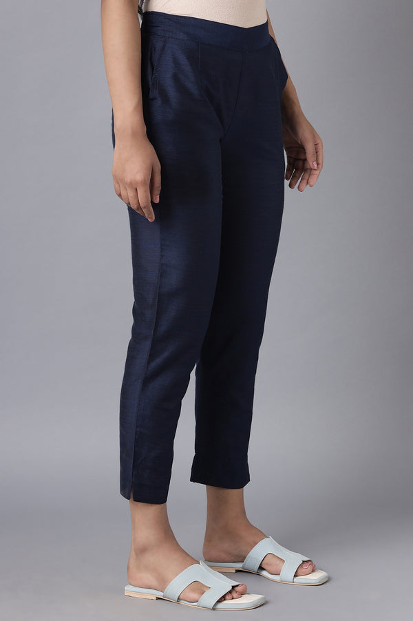 Navy Blue Solid Straight Fit Woven Trousers With Elasticated Waistband