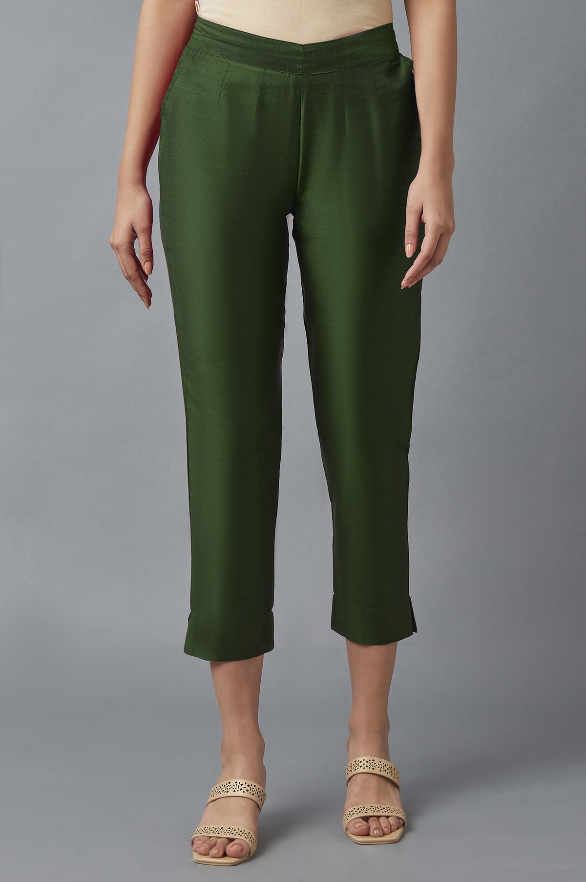 Elleven Women's Muted Sage Green Solid Straight Fit Woven Trousers With Elasticated Waistband - S
