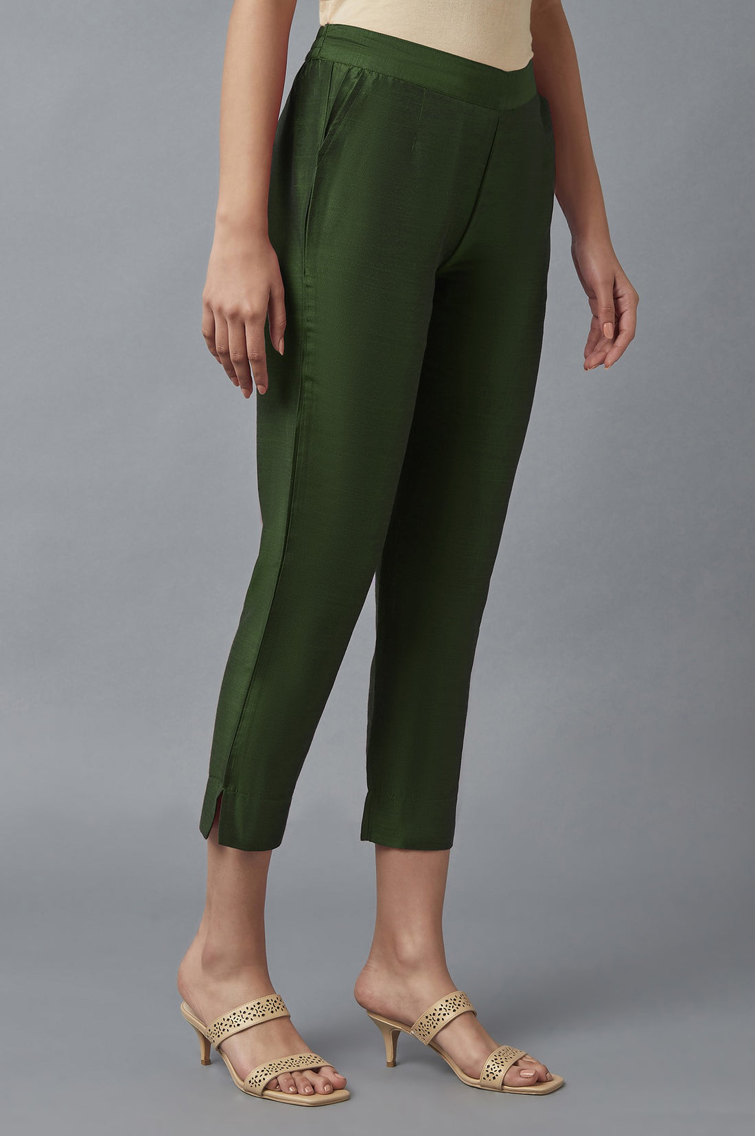 Muted Sage Green Solid Straight Fit Woven Trousers With Elasticated Waistband