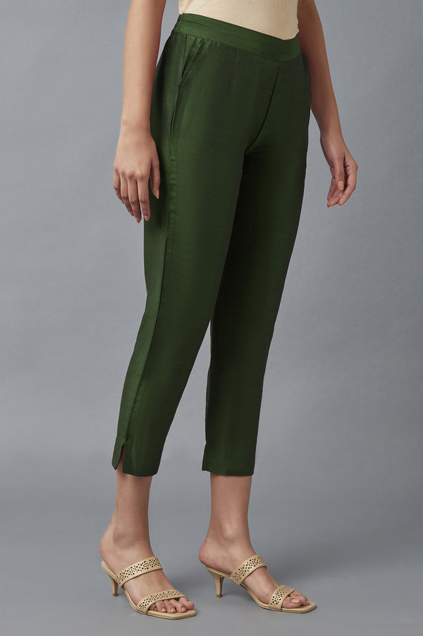 Muted Sage Green Solid Straight Fit Woven Trousers With Elasticated Waistband
