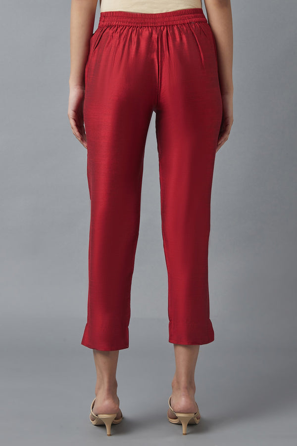 Red Solid Straight Fit Woven Trousers With Elasticated Waist