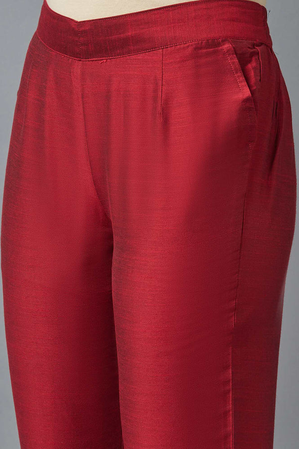 Red Solid Straight Fit Woven Trousers With Elasticated Waist