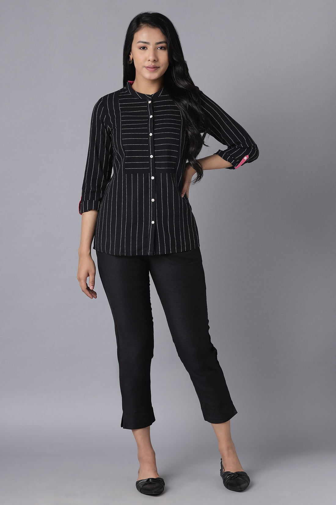 Black Solid Straight Fit Trousers With Elasticated Waist