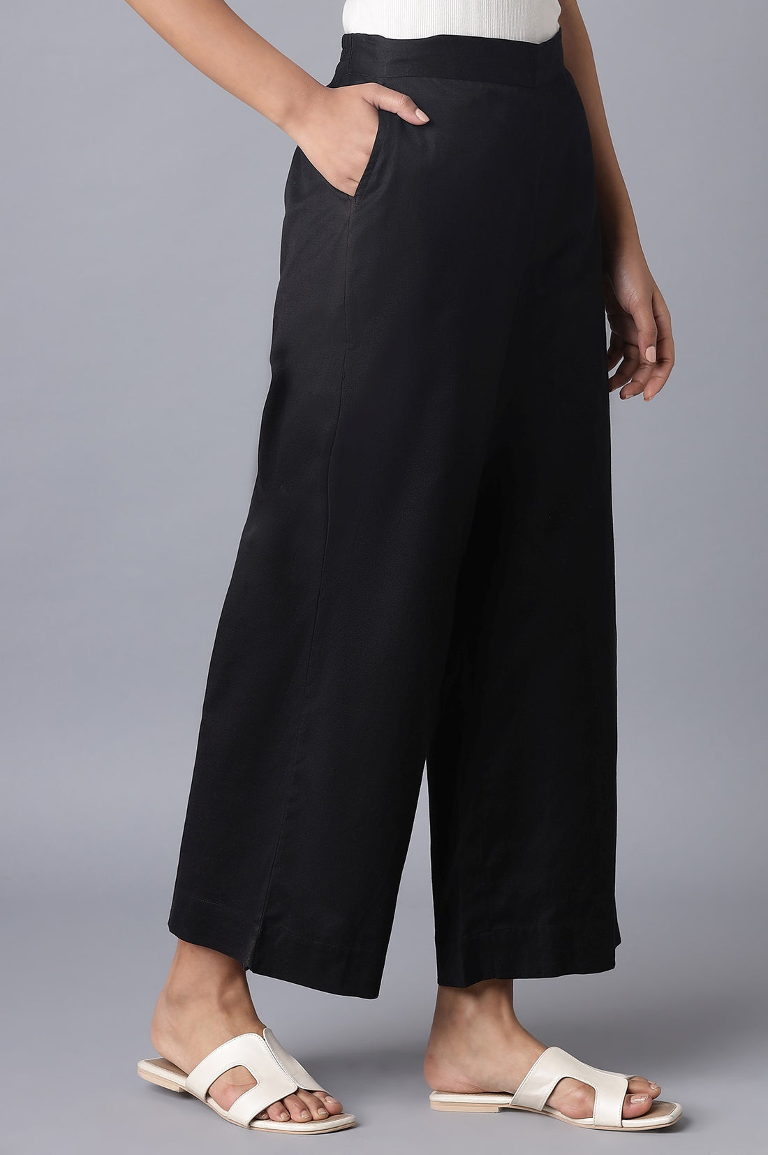 Black Solid Straight Fit Tencel Palazzo With Elasticated Waist