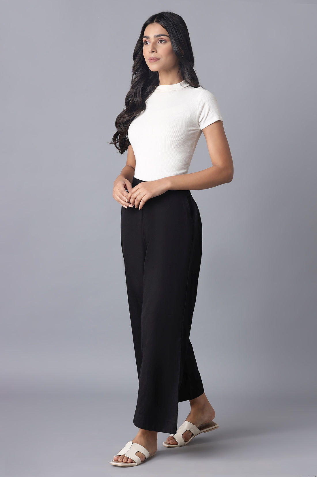 Black Solid Straight Fit Tencel Palazzo With Elasticated Waist