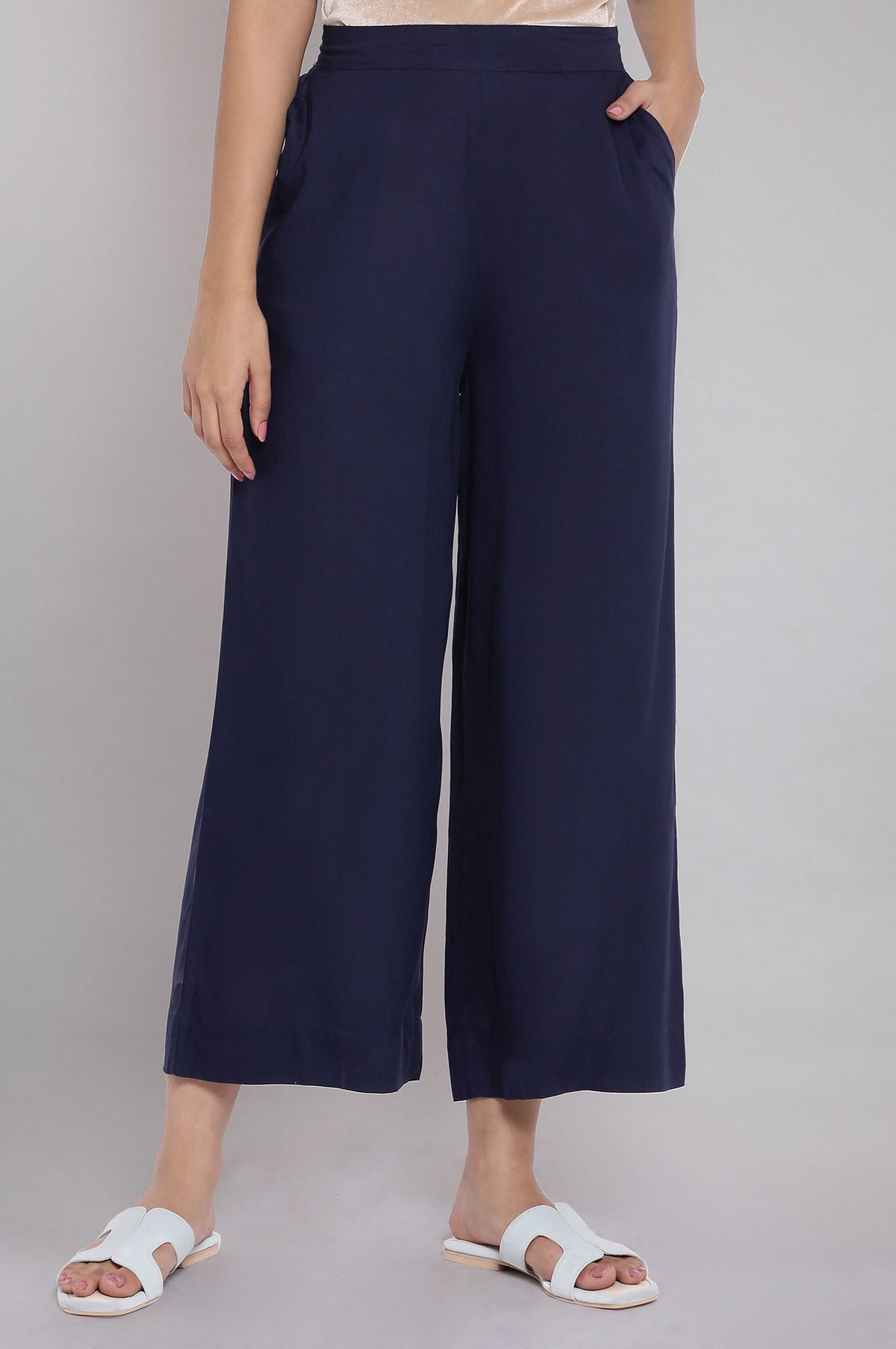 Elleven Women's Navy Blue Solid Straight Fit Tencel Palazzo With Elasticated Waist - S