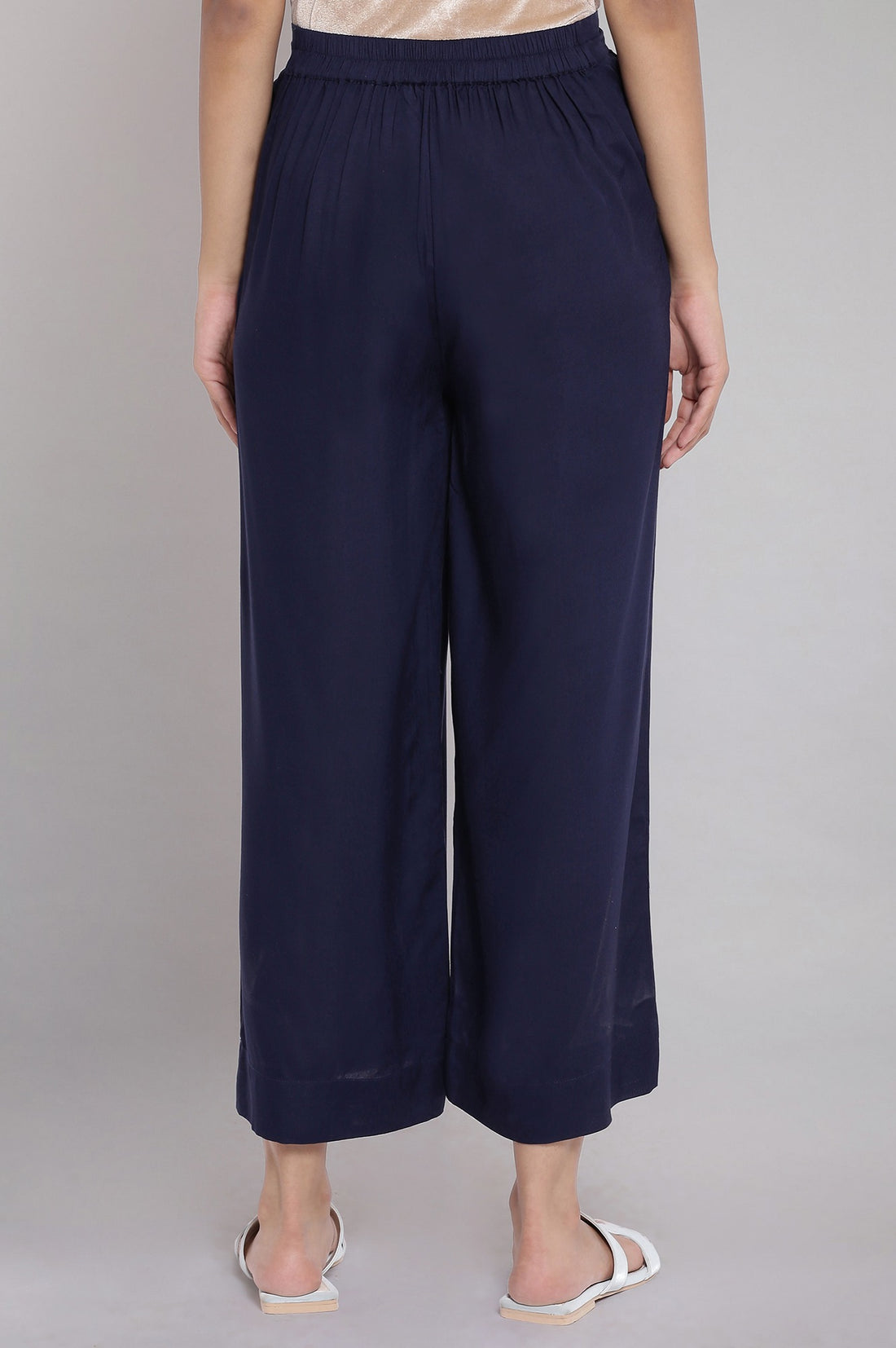 Navy Blue Solid Straight Fit Tencel Palazzo With Elasticated Waist