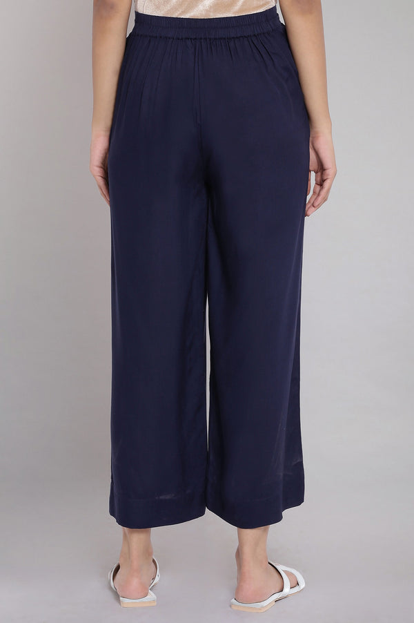 Navy Blue Solid Straight Fit Tencel Palazzo With Elasticated Waist