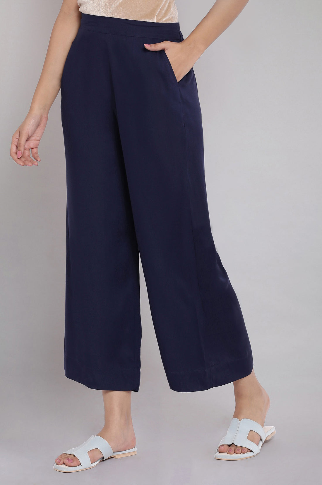 Navy Blue Solid Straight Fit Tencel Palazzo With Elasticated Waist