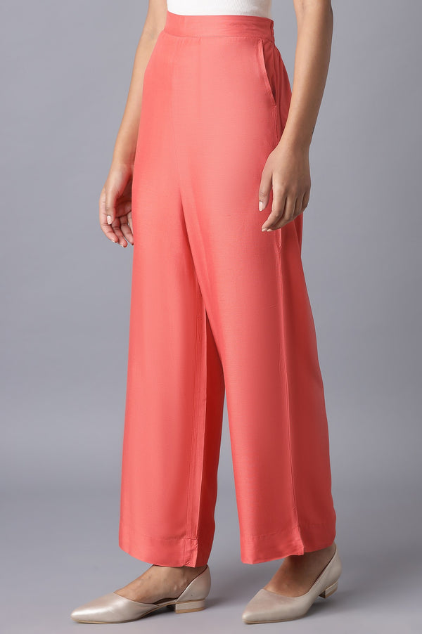 Peach Solid Straight Fit Tencel Palazzo With Elasticated Waistband