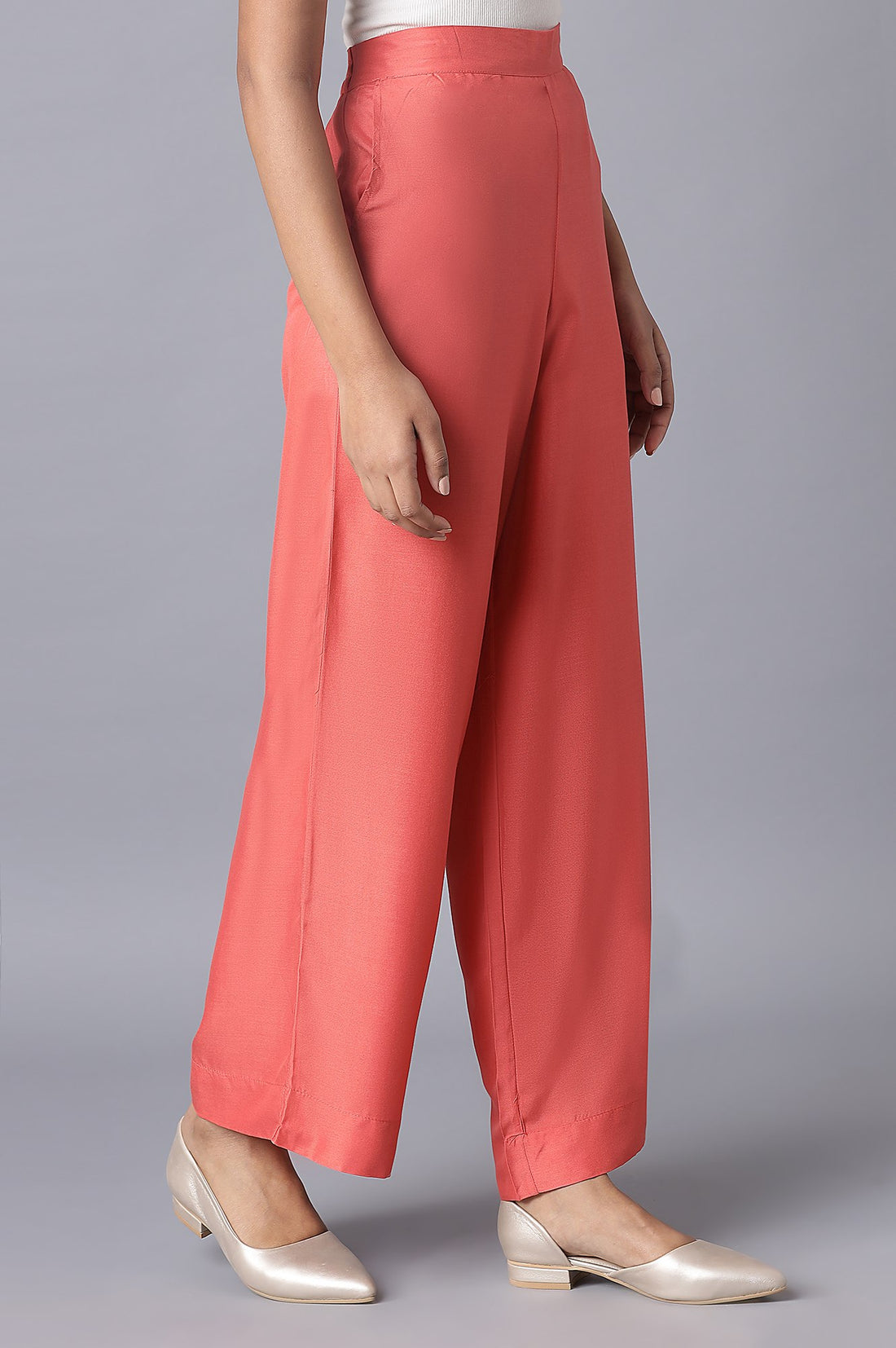Peach Solid Straight Fit Tencel Palazzo With Elasticated Waistband