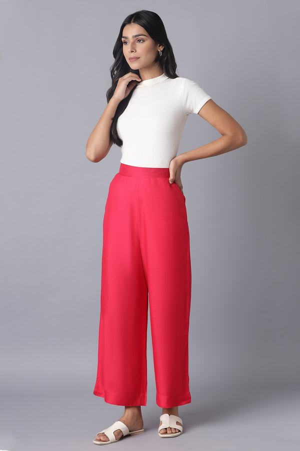 Pink Solid Straight Fit Tencel Palazzo With Elasticated Waistband