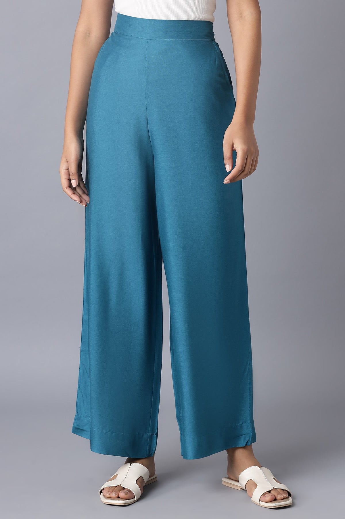 Elleven Women's Blue Solid Wide Leg Tencel Palazzo With Elasticated Waist - S