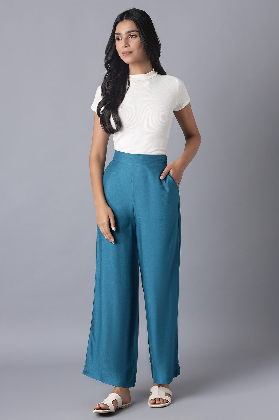 Blue Solid Wide Leg Tencel Palazzo With Elasticated Waist