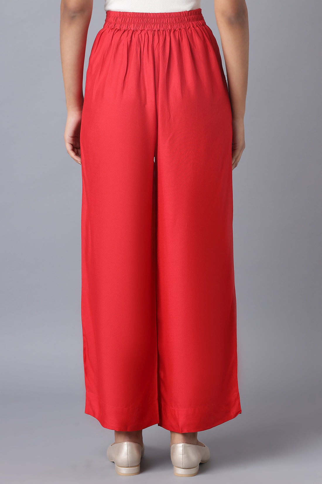 Red Solid Straight Fit Tencel Pants With Elasticated Waist