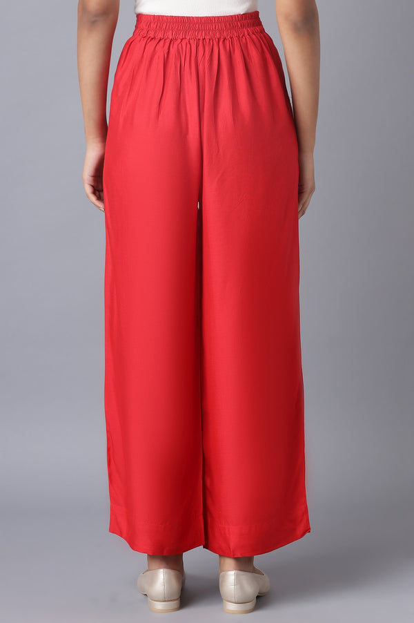 Red Solid Straight Fit Tencel Pants With Elasticated Waist