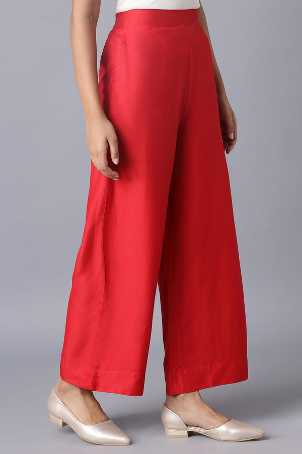 Red Solid Straight Fit Tencel Pants With Elasticated Waist
