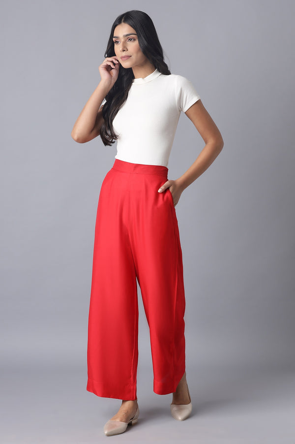 Red Solid Straight Fit Tencel Pants With Elasticated Waist