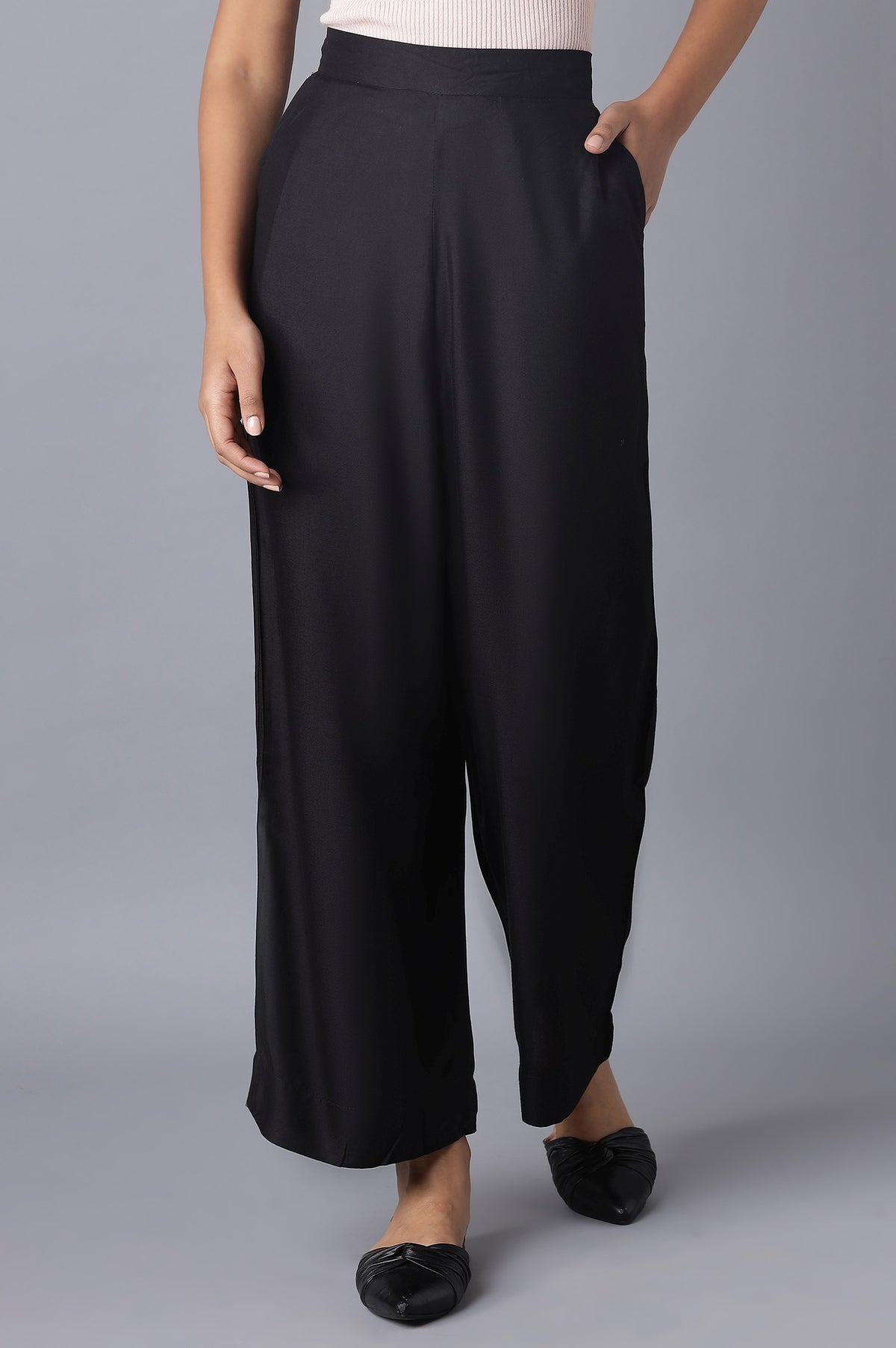 Elleven Women's Black Solid Wide Leg Tencel Palazzo With Elasticated Waist - S