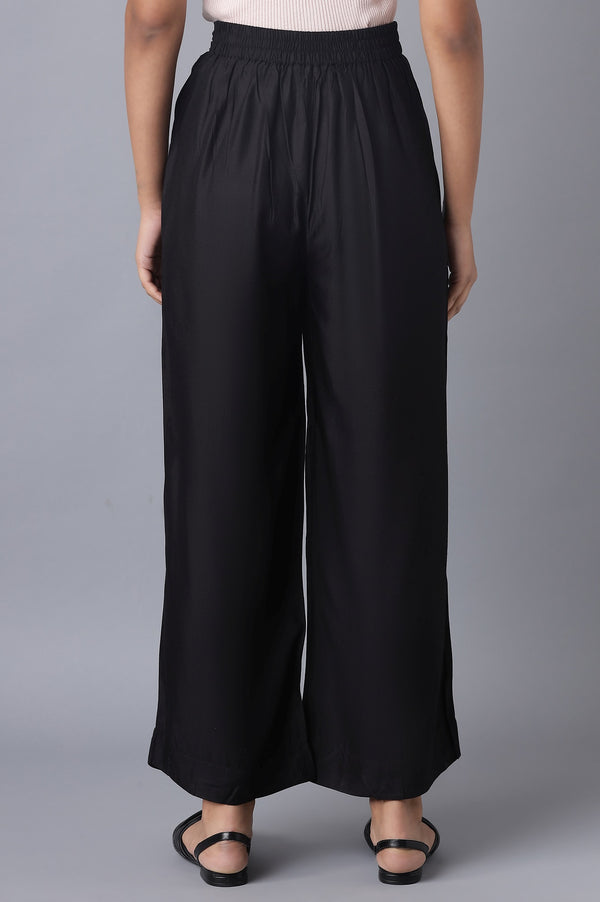 Black Solid Wide Leg Tencel Palazzo With Elasticated Waist