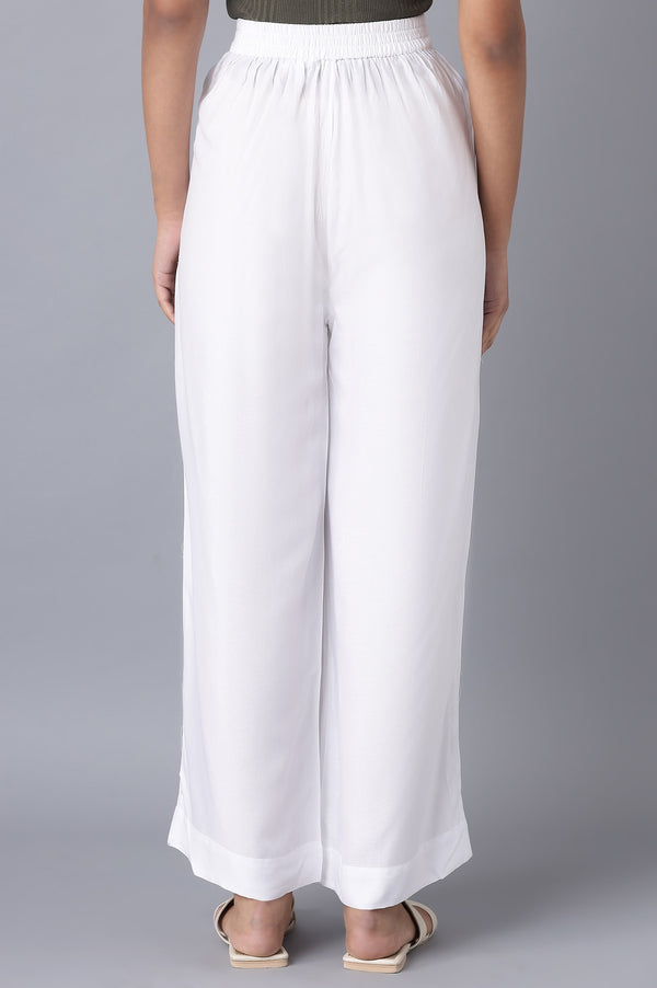 Elleven Women's White Solid Relaxed Fit Ankle Length High Rise Palazzo