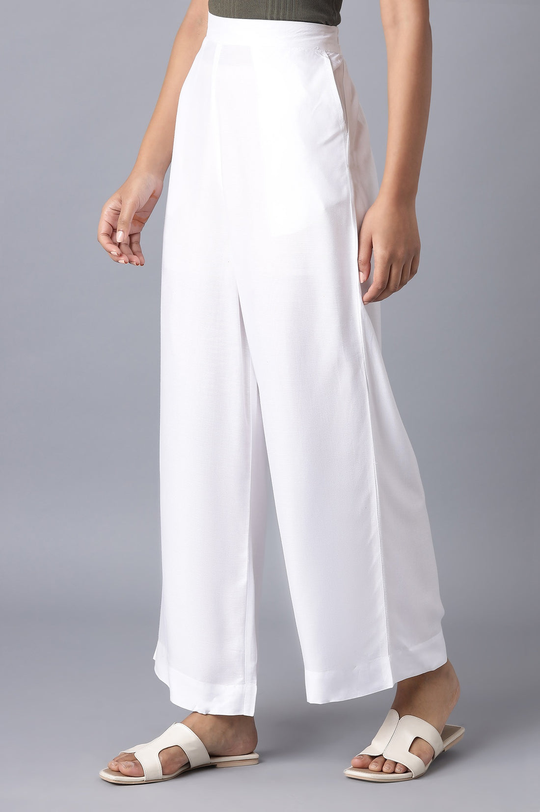 White Solid Wide Leg Tencel Trousers With Elasticated Waist