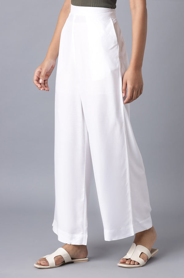 Elleven Women's White Solid Relaxed Fit Ankle Length High Rise Palazzo