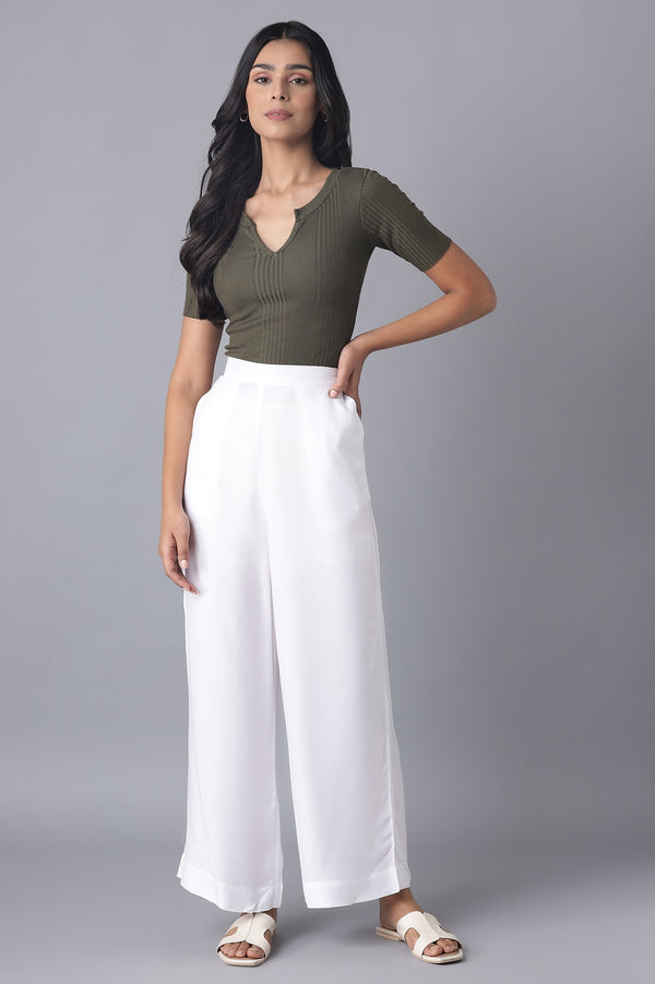 Elleven Women's White Solid Relaxed Fit Ankle Length High Rise Palazzo