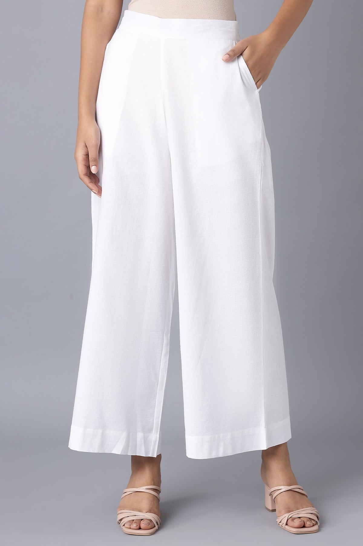 Elleven Women's White Solid Wide Leg Tencel Palazzo With Elasticated Waist - S