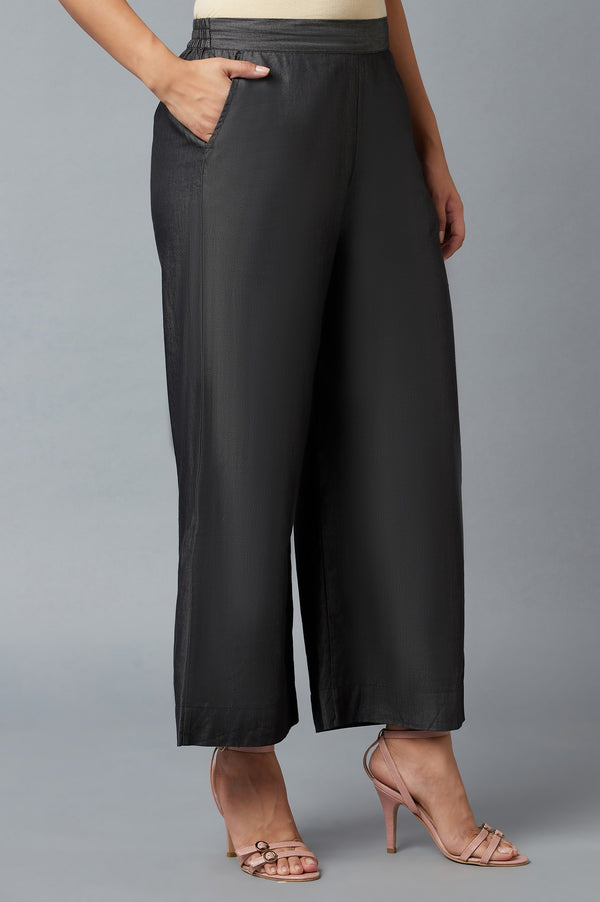 Black Solid Straight Fit Tencel Palazzo With Elasticated Waist