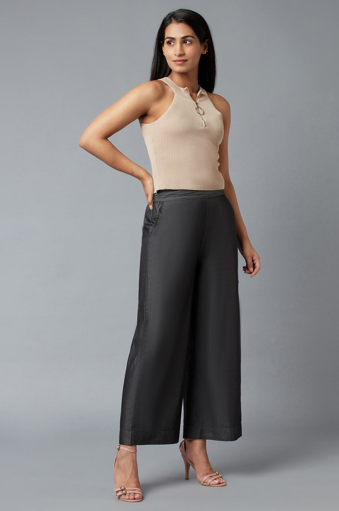Black Solid Straight Fit Tencel Palazzo With Elasticated Waist