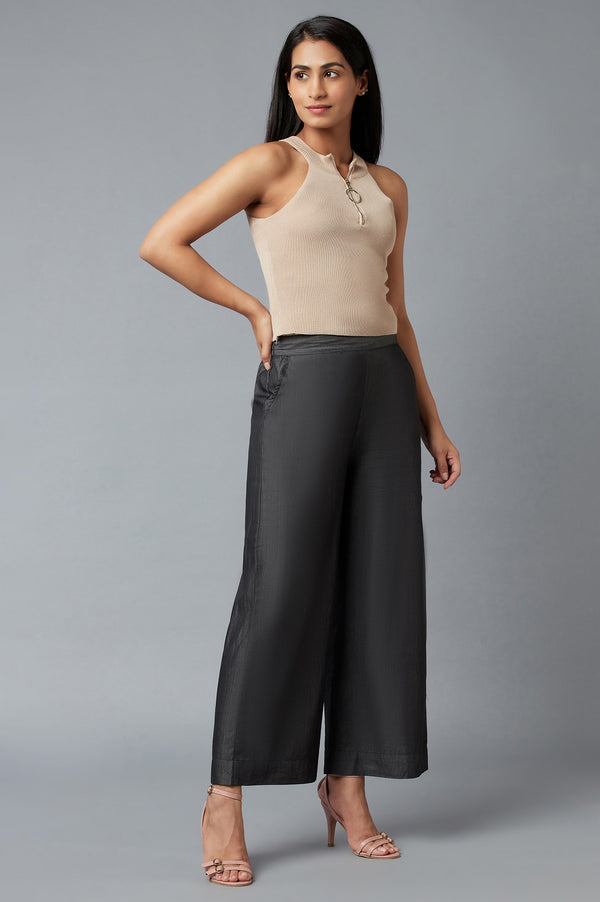 Black Solid Straight Fit Tencel Palazzo With Elasticated Waist